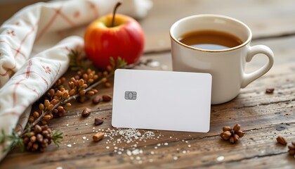 Financial Refreshment: A blank card nestled alongside a cup of tea and a fresh apple, conveying a sense of ease and financial wellness on a wooden surface.