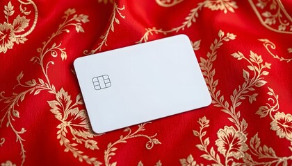 Credit Card on Luxurious Red Cloth: An elegant credit card rests on a richly textured red cloth. The fabric's intricate gold floral patterns add a touch of sophistication to the scene.