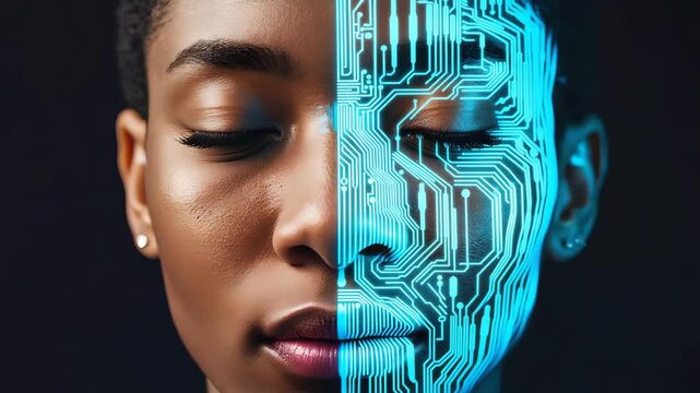 Futuristic video portrait of a woman with half human and half cyber digital face, glowing blue circuits, artificial intelligence concept with eye contact, smile and modern technology design