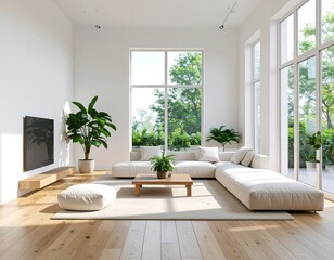 Elegant and modern Scandinavian style living room with minimalist decor, natural light, and indoor plants for a tranquil home concept