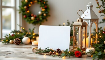 Christmas Decoration with Festive Cheer: Festive Christmas decorations, including a blank card surrounded by evergreen branches, candles, lanterns and ornaments, evoking a cozy.