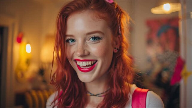 Portrait triptych of a smiling redheaded woman in a cozy indoor setting, showing playful expressions and vibrant makeup, warm lighting and shallow depth of field for an intimate mood.