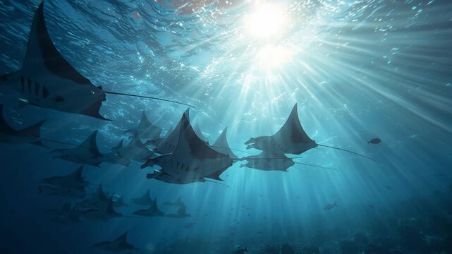 A serene underwater panorama of a migrating manta ray group gliding beneath sunbeams, blue ocean depth and soft light creating graceful silhouettes and a peaceful marine atmosphere.