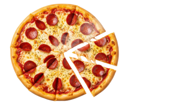 Hot, freshly baked pepperoni pizza, bubbling mozzarella, crispy pepperoni, rendered oil, herbs, and pulled slices, on a transparent background with copy space, inviting comfort food concept