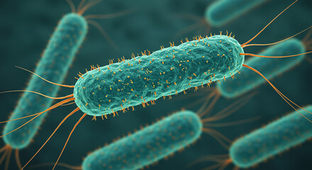 Fototapeta premium Intricate 3D Rendering of Rod-Shaped Bacteria with Flagella, Illustrating Microscopic Life and Cellular Structure for Biology and Medical Science Education and Research