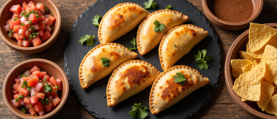 Fototapeta premium Delicious empanadas served on black slate plate, accompanied by fresh salsa and crispy tortilla chips, creating vibrant and inviting meal