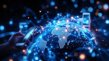 Global digital communication network concept, illustrating worldwide data exchange, mobile technology integration, and technological interconnectedness across a luminous Earth