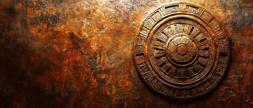 An ancient stone calendar on a rusty wall will emphasize the themes of history, archaeology, and cultural heritage.