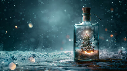 Fantasy Glass Bottle with Shining Pine Tree in Winter