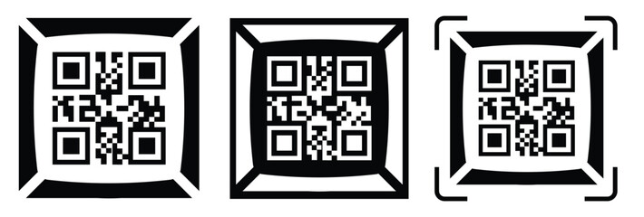 Fototapeta premium Minimalist QR code scanner icon set featuring three black and white variations with scan frames and mobile scanning concept. Clean flat vector symbols for apps, payment, barcode, technology, and UI de