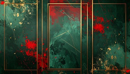 Abstract art emerald, gold, and crimson splatters with gold frames, textured and layered