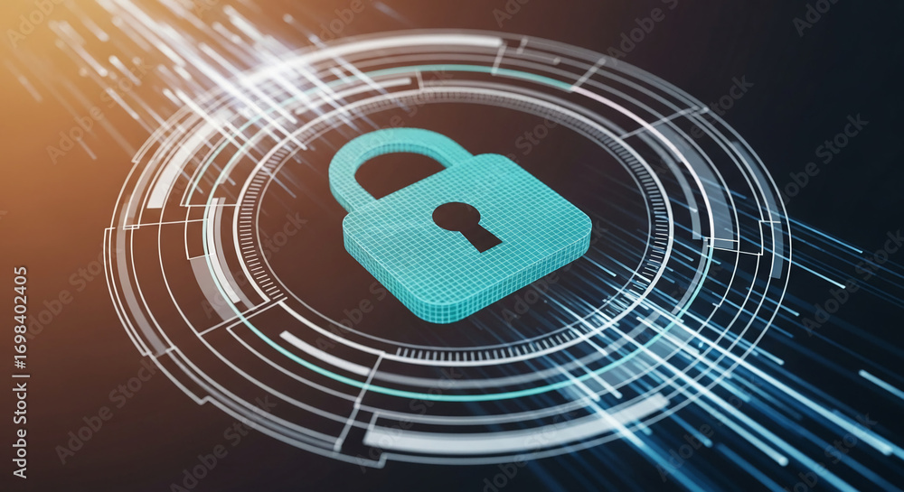 Poster teal padlock icon within a digital circular interface, representing data security, online protection