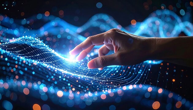 A hand gently interacts with luminous, flowing digital data, with a focus on the interaction and abstract technology