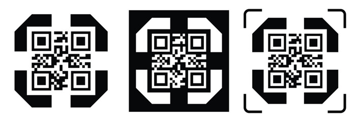 Fototapeta premium Minimalist QR code scanner icon set featuring three black and white variations with scan frames and mobile scanning concept. Clean flat vector symbols for apps, payment, barcode, technology, and UI de