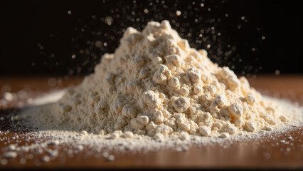 Flour pile on wooden surface fine texture baking ingredient culinary use natural light kitchen setting food preparation organic material