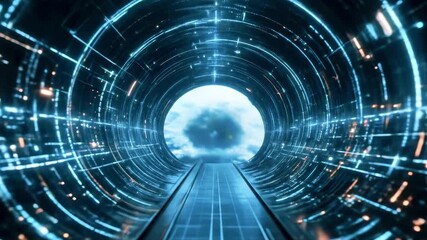 Futuristic tunnel with glowing lights leading to a bright portal, symbolizing advanced technology and exploration - Powered by Adobe