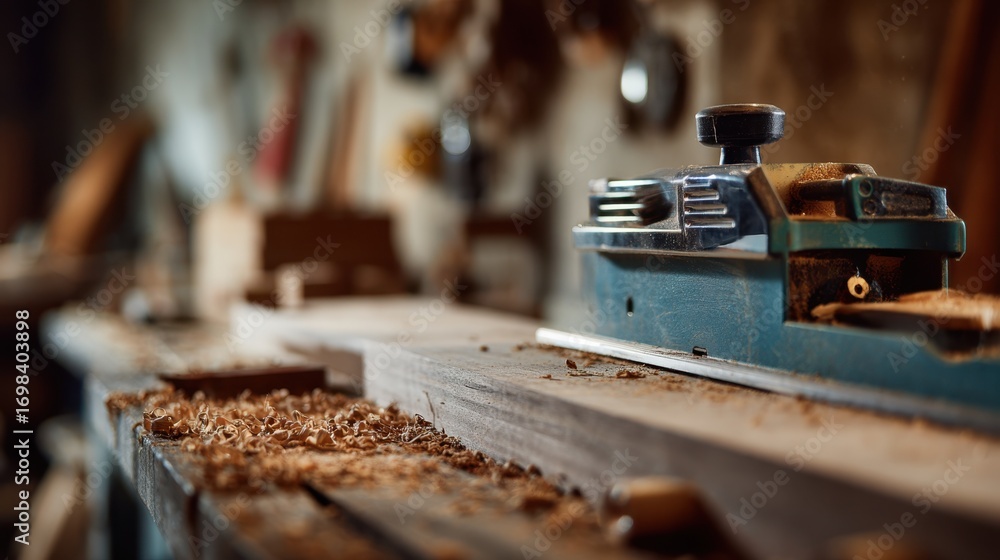 Poster detailed view of a precision planer smoothing decorative trim edges focusing on the fine details of 