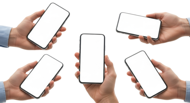 Multiple adult hands with diverse skin tones holding sleek, modern smartphones with blank white screens against a transparent studio background, ample copy space. Technology mock-up concept