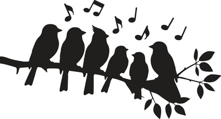 Birds singing on a branch with musical notes above