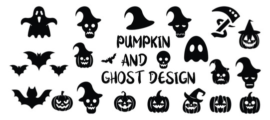 Pumpkin and ghost icons black silhouettes. Black bird and ghost Vector icon set.