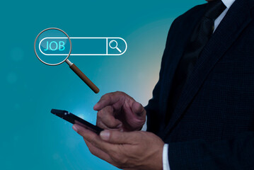 Businessman using magnifying glass searching for new hiring career. search for new job, employment,...