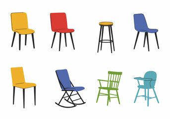 Diverse seating furniture: A vibrant collection of modern and classic chairs, stools, and highchairs in minimalist design.
