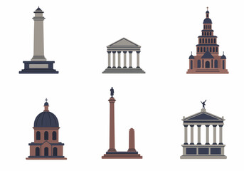 Flat Design Vector Illustrations of Iconic Architectural Landmarks and Monuments, Featuring Columns, Domes, and Classical Buildings for Travel and History Themes.