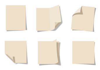 Collection of Blank Beige Paper Notes with Curled and Folded Edges, Ready for Your Message or Design, Isolated on White.