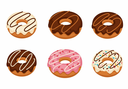 Collection of six colorful cartoon donuts with various icings and sprinkles on a white background, perfect for a sweet treat illustration.