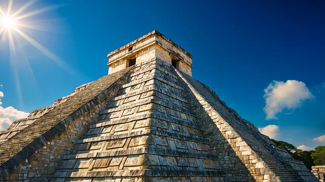 Ancient Mayan pyramid temple of Chichen Itza under bright sun with blue sky and stone architecture showcasing historical cultural heritage