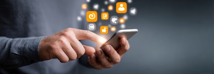 Man using a smartphone with social media icons floating out.