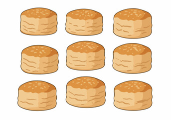 Nine freshly baked, golden-brown burger buns with sesame seeds, in a playful cartoon vector illustration on a white background.