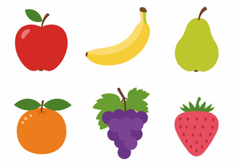 Vibrant collection of cartoon fruits: apple, banana, pear, orange, grapes, and strawberry, depicted in a clean, flat style.