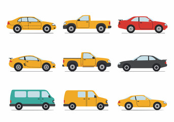 Flat Design Vehicle Collection: Diverse Cars, Pickup Trucks, and Vans for Transportation Concepts on White Background.