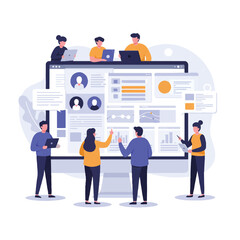 A diverse team collaboratively works around a large monitor showcasing a vibrant project management interface, discussing tasks and pointing in this clean, modern 2D flat vector.