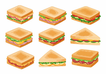 Isometric Sandwiches Set: A Collection of Delicious Breakfast and Lunch Illustrations Featuring Ham, Cheese, Vegetables, and Toast, Perfect for Food Menus and Designs.