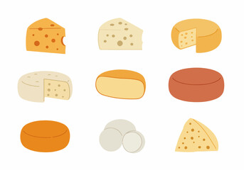 Diverse Cheese Icons Set: Flat Vector Illustrations of Dairy Products