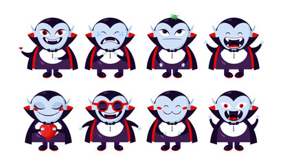 Cute cartoon Dracula vampire character icons. Dracula emoji set. Vector illustration