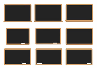 Collection of blank chalkboards and blackboards with wooden frames, some featuring chalk, suitable for education, menus, or message displays.