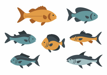 Collection of stylized fish illustrations in various shapes and colors, perfect for aquatic themes and marine life designs on a white background.