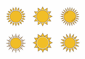 Set of Diverse Yellow Sun Icons with Hand-Drawn Style Rays. A collection of six unique cartoon suns representing summer, warmth, and sunny weather.