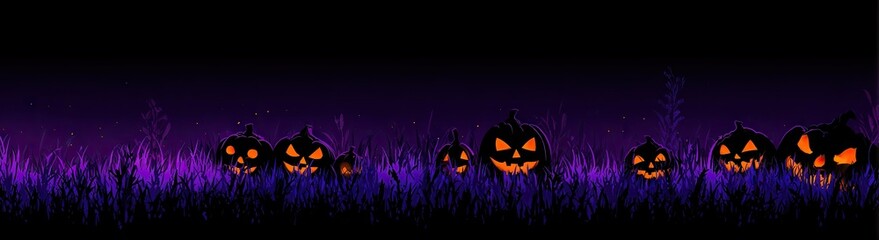 Spooky Halloween jack o lantern pumpkins glowing in dark purple field.