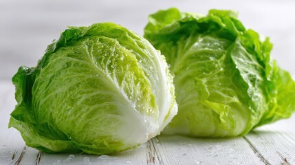 Fototapeta premium Benefits of iceberg lettuce. Fresh green lettuce heads on a light wooden surface, wet with droplets.