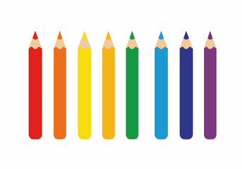 Row of colorful pencils in rainbow spectrum order on a white background, representing art, creativity, education, and childhood activities.