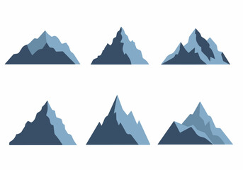 Collection of six stylized mountain range vector icons in shades of blue, ideal for flat design and nature-themed graphics.