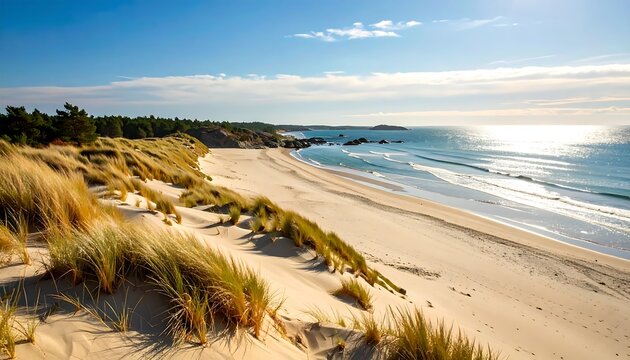 Wide beach with dunes and ocean