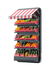 Seamlessly shop fresh produce from a virtual market displayed on a sleek smartphone, making grocery buying effortless and convenient for modern consumers.