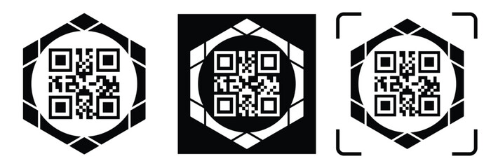 Obraz premium High-contrast black and white QR code with grid squares, centered in frame. Simple thin black border. Clean digital design, technical style, suitable for scanning or template use.