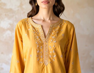 Stylish Indian Fashion Portrait: Faceless model in a beautiful mustard yellow kurta with intricate white and gold embroidery and traditional ethnic jewelry