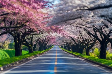 Fototapeta premium A breathtaking scenic road lined with vibrant pink and white cherry blossoms, creating a magical tunnel of flowers.